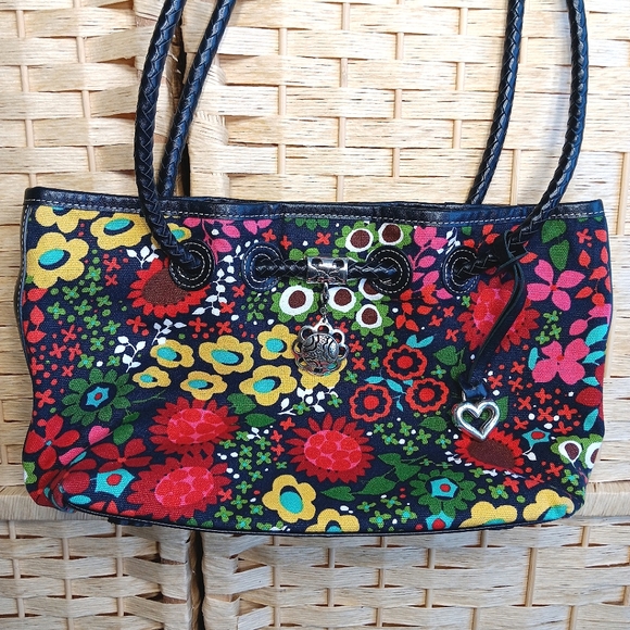 Brighton Floral Shoulder Bag with Black Handles Purse Leather Summer Fall - Picture 1 of 12